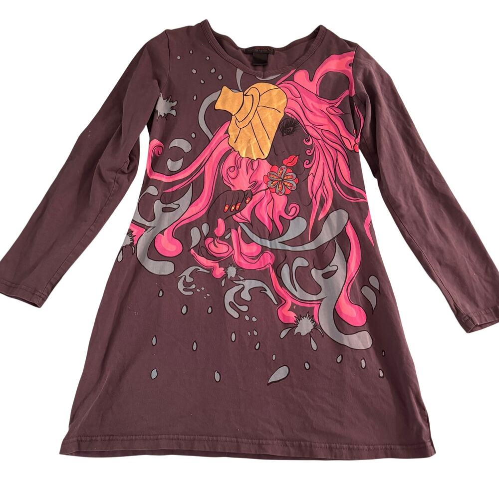 Y2K vintage Custco Barcelona 2000s long sleeve graphic tunic pop-art floral sz S